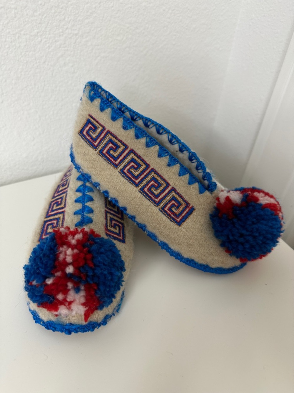 Minas Traditional Greek Woollen Slippers Leather Sole Cream & Blue Pom-Pom Kids